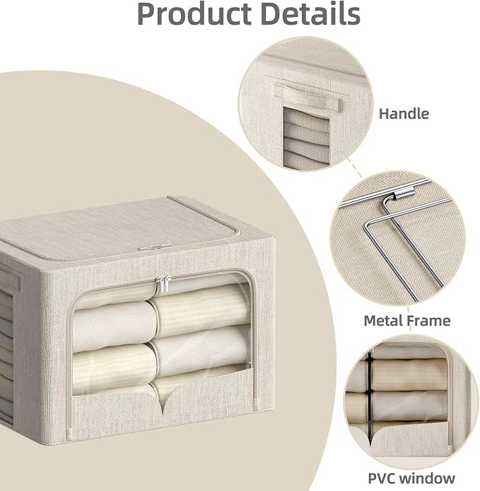 FHSQX 3 Pack Clothes Storage Bins - Foldable Metal Frame Storage Box - Stackable Linen Fabric Container Organizer Set with Carrying Handles and Clear Window (Beige, 15.7x11.8x9.8inch(30L))