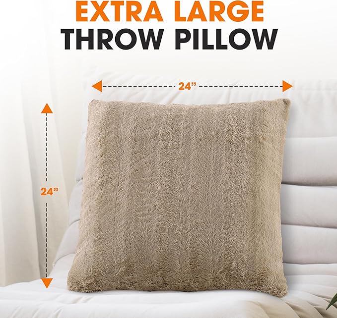 Cheer Collection Faux Fur Throw Pillows - Decorative Pillows for Couch, Bed Throw Pillows, Sand Accent Pillows for Bedroom or Living Room Aesthetic, Set of 2 Furry Throw Pillows, 24" x 24"