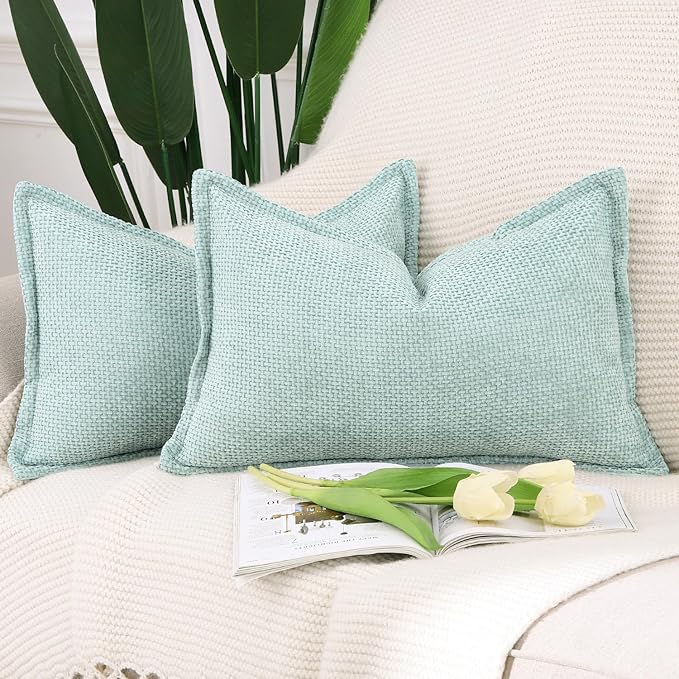 MADIZZ Decorative Chenille Velvet Throw Pillow Covers Set of 2 Soft Boho Textured Neutral Couch Throw Pillow for Bed Modern Farmhouse Home Decor for Sofa Livingroom Aqua Green 12x20 Inch
