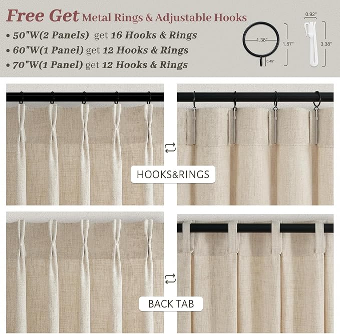Pinch Pleated Natural Short Kitchen Windows Curtains 63 Inch Length 2 Panels Set, Memory Trained Flax Linen Semi Sheer Boho Cafe Viral Drapes Light Filtering Privacy Heavy Basement Curtain 50"W x 63"L