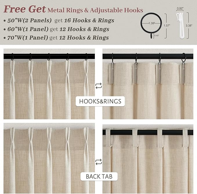 132 Inch Extra Long Natural Semi Sheer Large Curtains for Living Room 2 Panels Set, Memory Trained Pinch Pleated Flax Linen Country Light Filtering Privacy Bedroom Aesthetic Window Drapes 11FT Length
