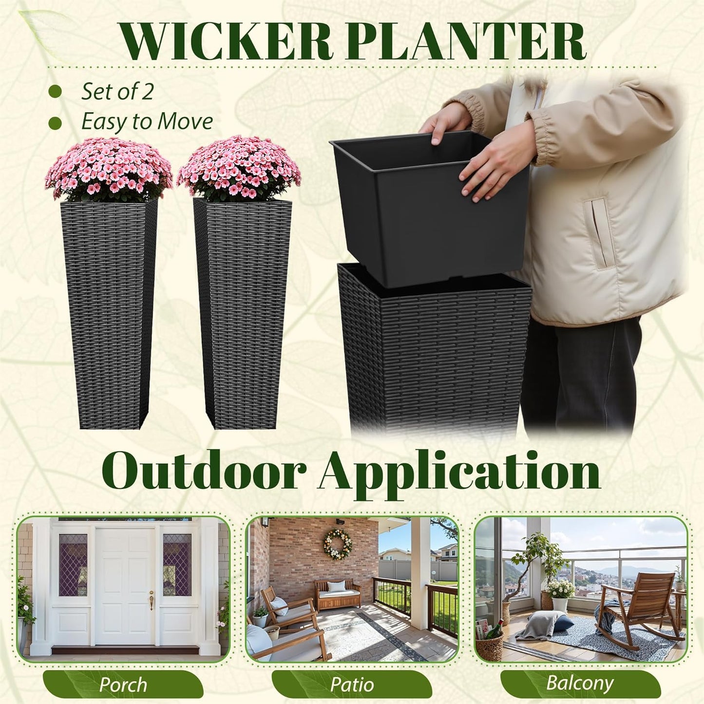 JUMMICO Set of 2 Resin Rattan Tall Planters for Outdoor Plants, Large Tapered Planters with Drainage Holes&Inner Trays, Flower Pots for Garden, Patio, Porch, Backyard (Black, 32'')