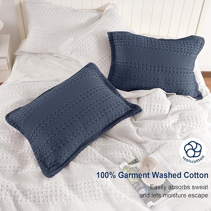 PHF 100% Cotton Ruffle Waffle Pillow Shams King Size, 2 Pack 20" x 36" Soft Skin-Friendly Pillowcases, No Filling, Aesthetic Home Decor, Breathable Waffle Weave Bed Pillow Covers, Indigo
