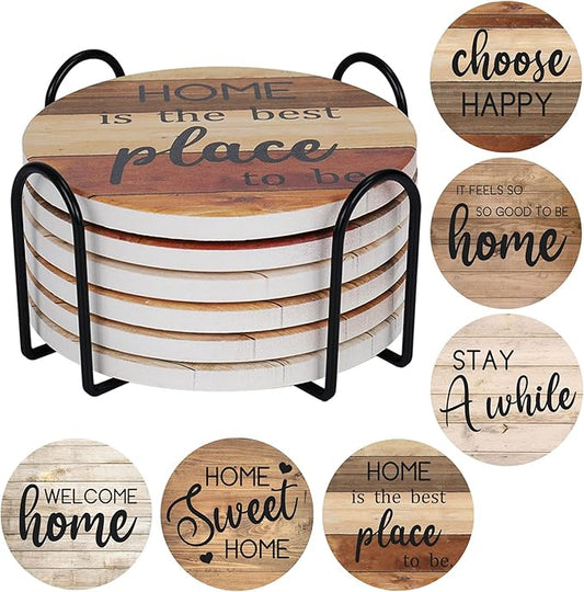 Adorever Coasters for Drinks Absorbent with Holder, 6 Pcs Ceramic Rustic Farmhouse Drink Coasters for Coffee Table Tabletop Protection, Housewarming Gift New Home Decor