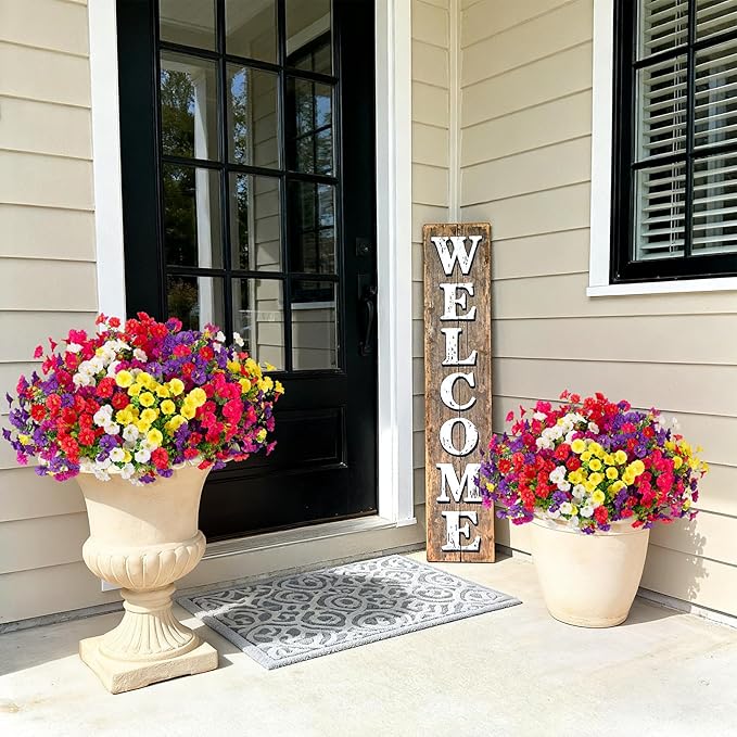 Hrobek Artificial Flowers for Outdoors, 12 Bundles Fake Plastic Petunias Flower Plant, Faux UV Resistant Silk Morning Glory for Outside Planter Garden Front Porch Door Spring Summer Decor