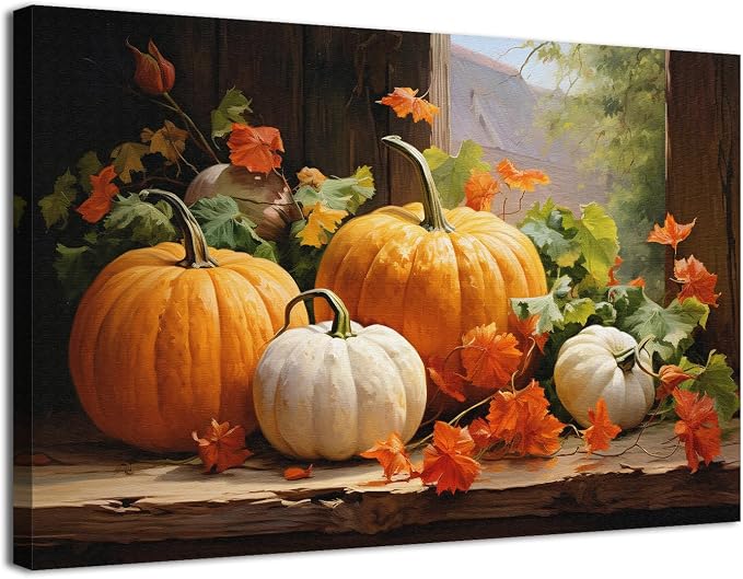Pumpkin Canvas Wall Art Fall Pictures Maple Leaf Autumn Thanksgiving Wall Decor Rustic Halloween Themed Wall Framed Prints Modern Artwork for Living Room Kitchen Bedroom Dinner Home Decorations 24x36”