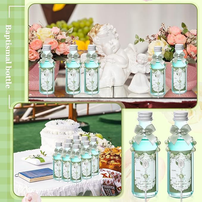 FillTouch 24 Sets Catholic Holy Water Bottle Baptism Rosary Set Baptism Favors 1.7oz Christian Water Container Empty Glass Holy Water Bottle for Easter Party Church Wedding Table Newborn (Green)