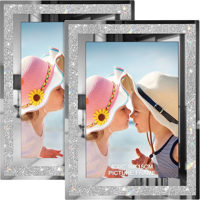 IZIDDO 4x6 Picture Frames Set of 2, Glitter Glass Photo Frame for Tabletop Display, Gifts Picture Frame, Horizontally or Vertically