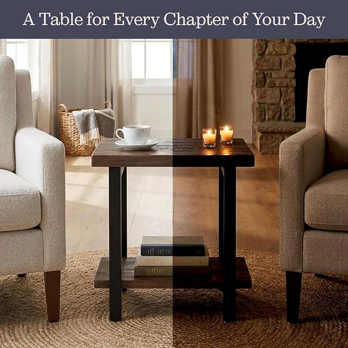 Alaterre Furniture Pomona Solid Wood 2-Tier End Table, Rustic Brown, 27” | Side Table or Nightstand with Storage Shelf and Metal Legs, Industrial Farmhouse Chair Side Table for Living Room or Bedroom