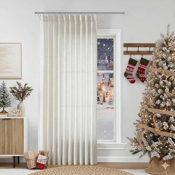 Vision Home Natural Pinch Pleated Semi Sheer Curtains Textured Linen Blended Light Filtering Window Curtains 102 inch for Living Room Bedroom Patio Pinch Pleat Drapes with Hooks 1 Panel 60" Wx102 L