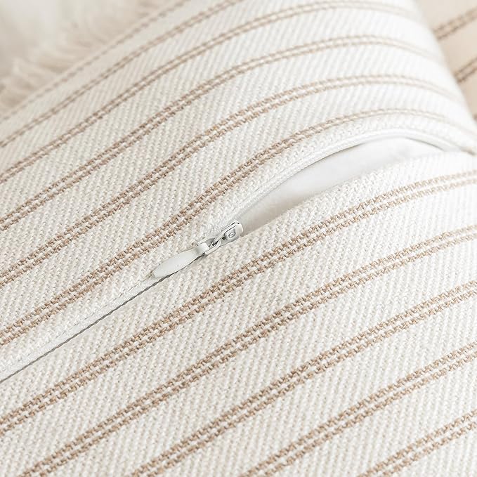 YEENAASY Throw Pillow Covers 26x26 Set of 2 Striped Fringe Pillow Cover Farmhouse Cushion Covers with Tassel Neutral Boho Pillows Decorative Square Pillowcase for Couch Sofa Bed, Khaki