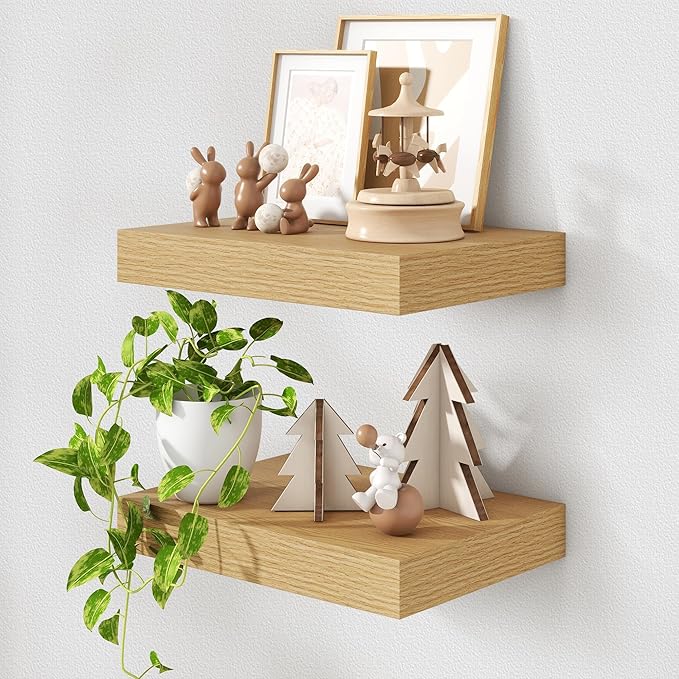 FLYJOE 12 Inch Deep Floating Shelves, 16'' Oak Floating Shelves Set of 2 | 12'' Deep Shelves for Wall, 16'' x 12'' Rustic Oak Shelves for Living Room Bathroom Kitchen Bedroom