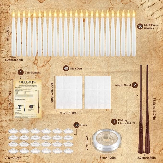 36 Pcs Halloween LED Magic Hanging Floating Candles, Taper Flickering Flameless with 2 Magic Wands - Candle Set for Halloween, Christmas, Weddings, Birthdays & Fantasy Ambiance...