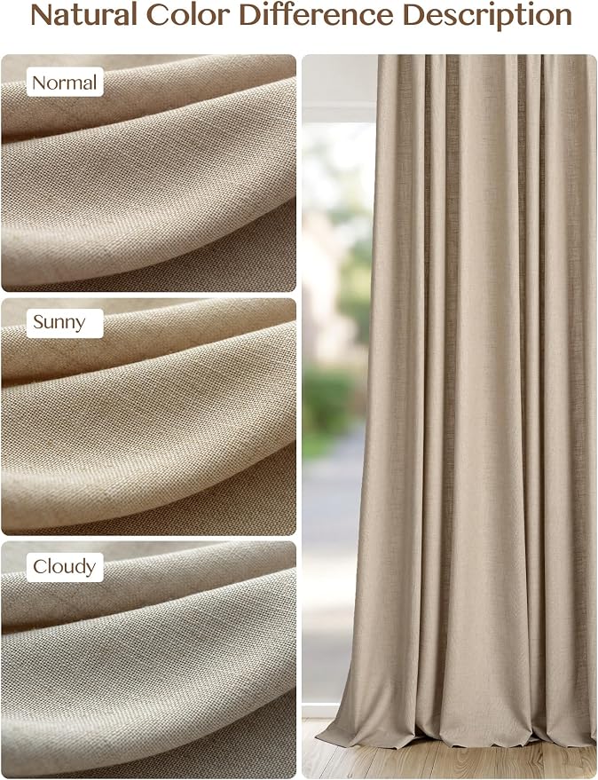 Liz Pinch Pleated Linen Curtains Light Filtering Curtains for Living Room, Farmhouse Window Curtains for Bedroom, Modern Drapes with Hooks and Rings, 95 Inches Long, Burlywood Birch, 2 Panels Set