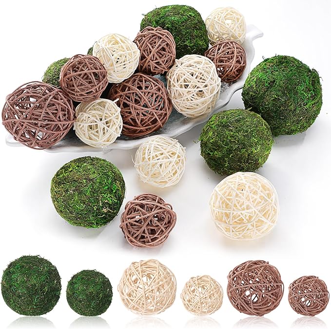 Jetec 18 Pcs Decorative Balls for Centerpiece Bowls Green Moss Balls Wicker Rattan Cord Decorative Bowl Fillers for Garden Vase Home Party Table Spring Christmas Farmhouse Rustic Decor(Large Size)