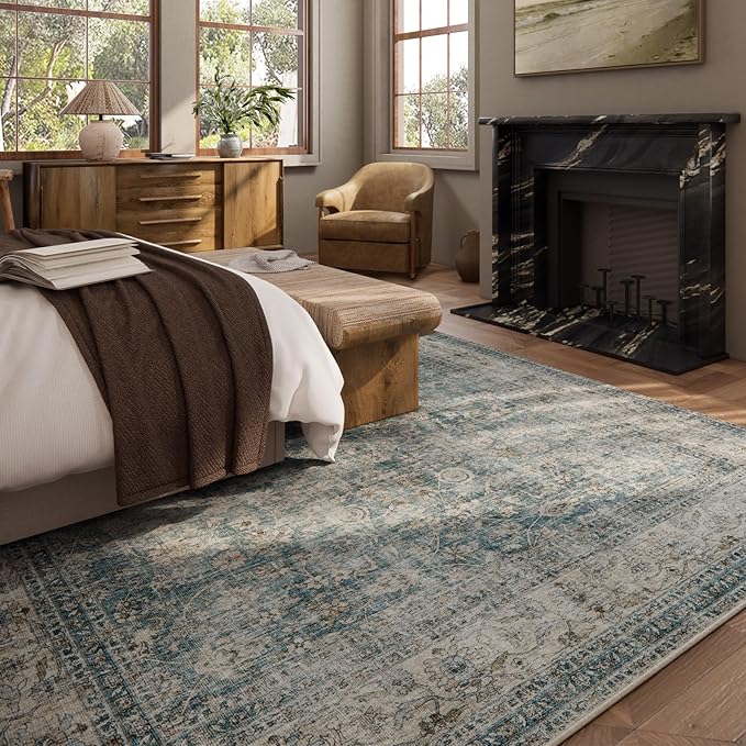 10x12 Large Rugs for Living Room: Washable Living Room Rug Stain Resistant Non Slip Distressed Vintage Carpet Low Pile Faux Wool Soft Rugs for Bedroom Farmhouse Dining Room Kids Playroom Nursery
