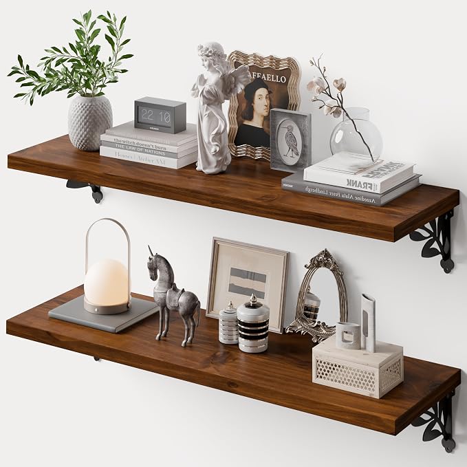 36 Inch 2 Tier Solid Wood Floating Shelves for Wall with Metal Brackets | 36 inch solid pine shelves, 2 tier, walnut finish, metal brackets for books, decor and home storage