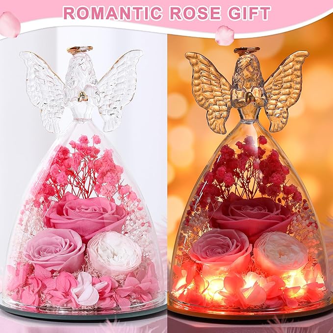 Mothers Day Rose Gifts for Women Preserved Real Flower in Glass Angel Figurines Roses for Delivery Prime Birthday Gifts for Mom Grandma Girlfriend Wife Her,Pink Austin Roses