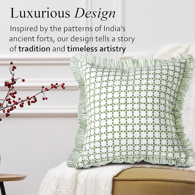 CPC Kelly Green Hand Block Print 100% Cotton Ruffle Throw Pillow Cover 24x24 inch with Hidden Zipper Decorative for Couch, Bed, Sofa, Farmhouse, Cottagecore Decor Gift Christmas Fall Thanksgiving