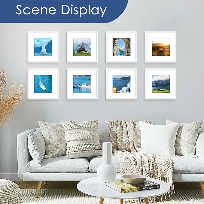PEALSN 12x12 Picture Frame Set of 6, Display Pictures 8 x 8 with Mat or 12 x 12 without Mat for Wall Mounting Display, Poster Frames Collage for Wall Decor, White.