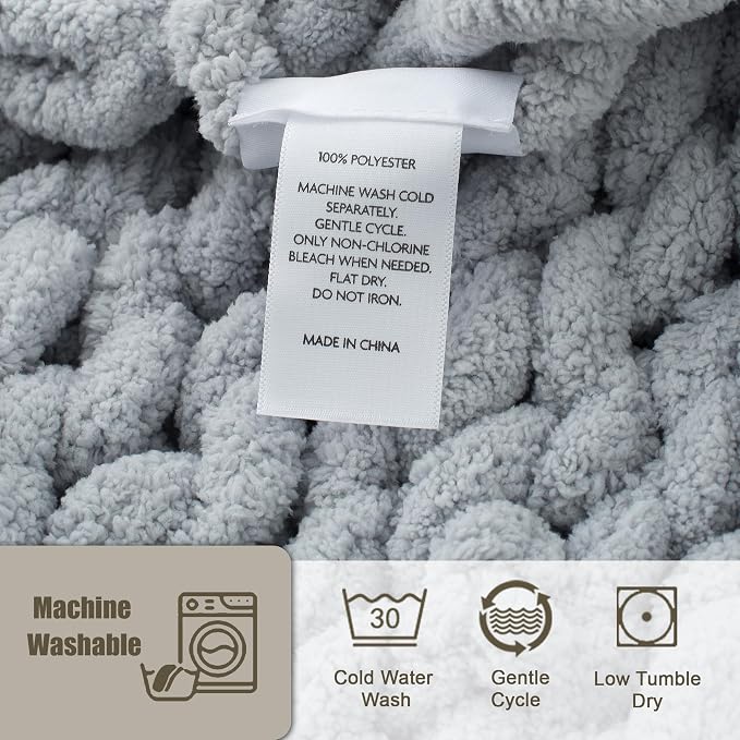 Chunky Knit Throw Blanket 50x60, 100% Handmade Chenille Yarn | 4.4lbs Soft Thick Cable Knitted Blankets, Large Rope Knot Crochet Throws for Couch Sofa Bed Machine Washable, Grey