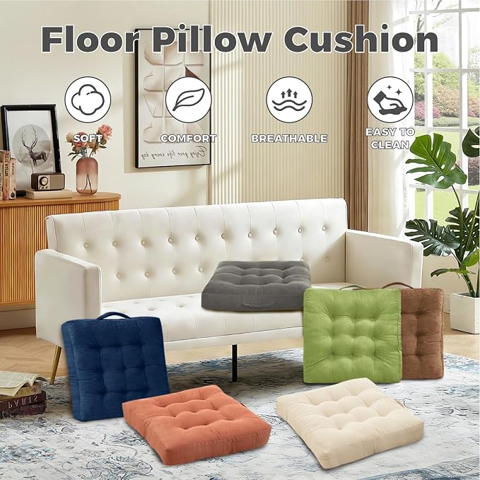 Floor Pillow Dark Grey Washable Floor Sitting Cushions 18x18 Inch 2-Pack, Meditation Yoga Pillows for Sitting on Floor Tufted Corduroy Seat Pads with Handle for Office Dining Room Seats