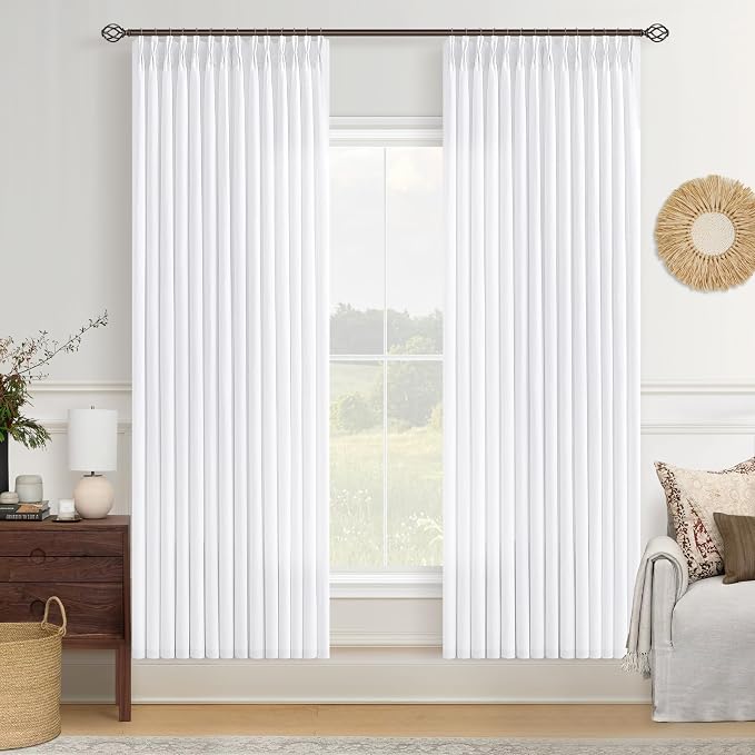 72 Inch White Pinch Pleated Linen Curtains 2 Panels for Living Dining Room Linen Textured Light Filtering Pinch Pleat Semi Sheer Drape Back Tab Snow White 72 Inch Window Curtains for Bedroom Cabin