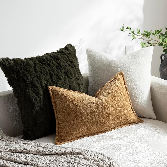 DEZENE Pack of 2 Golden Brown Decorative Throw Pillow Covers 12x20 Cozy Soft Chenille Accent Vintage Rectangular Lumbar Couch Pillow Covers for Home Decor Bed Sofa Living Room