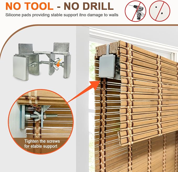 No Tool No Drill Bamboo Blinds for Interior Windows, Bamboo Shades for Indoor Windows, Roller Shades for Indoor Window and Outdoor Patio, Easy to Install for Home & Porches