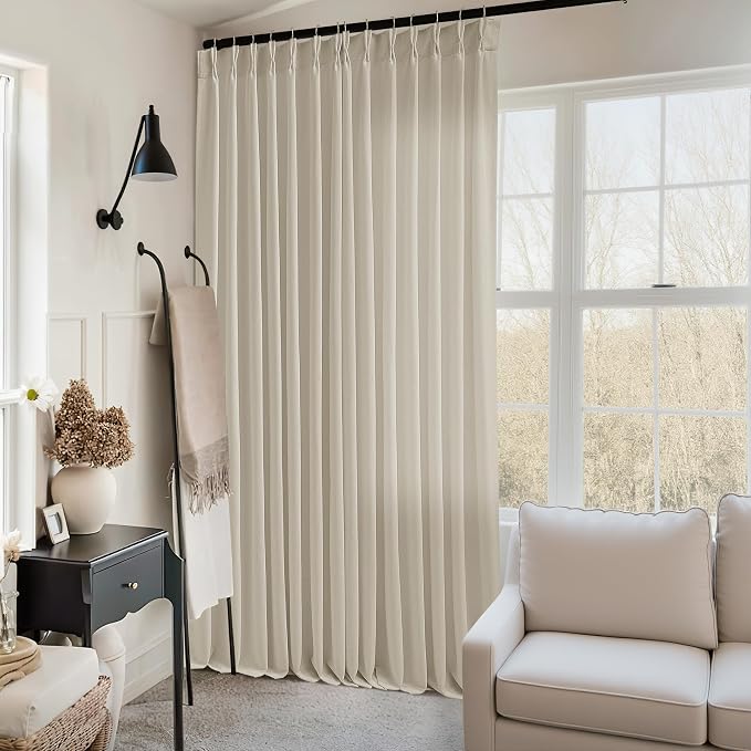 Beige Extra Wide Pinch Pleat Linen Curtains 84 Inches Long for Living Room Sliding Glass Door 70 Inch Wide Curtain Farmhouse Memory Shape Pleated Drape Rings Hooks 70x84 Curtain for Large Window