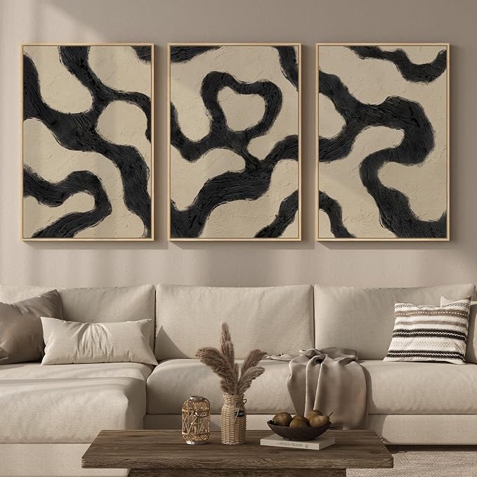 Framed Neutral Abstract Wall Art for Living Room, 3 Piece Black and Beige Mid Century Modern Painting Print, Large Line Canvas Artwork for Dining Room Bedroom Hallway Office Walls Decor, 24x36 Inch