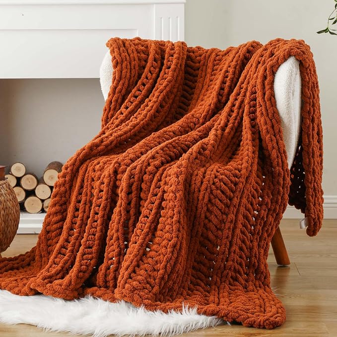 Battilo Chunky Knit Throw Blanket for Couch, Fall Decor, 50"x60", Rust | Hand Knit with Chunky Yarn, Decorative Fall Throw Blanket, Cozy Warm Soft Chenille Throw Blanket for Bed, Sofa, Living Room