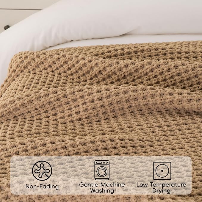 Bunnikins & Clover Beige Throw Blanket for Couch, Knitted Beige Throw for Bed, Neutral Throw Blankets Tan Blanket for Room Decor Housewarming Gifts, 60"x80"