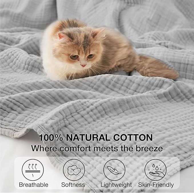 100% Cotton Muslin Blanket King 108" x 90", Breathable and Lightweight Cotton Throw Blankets for Bed, Soft Cooling Summer Gauze Blanket for Adults All Season, Light Grey