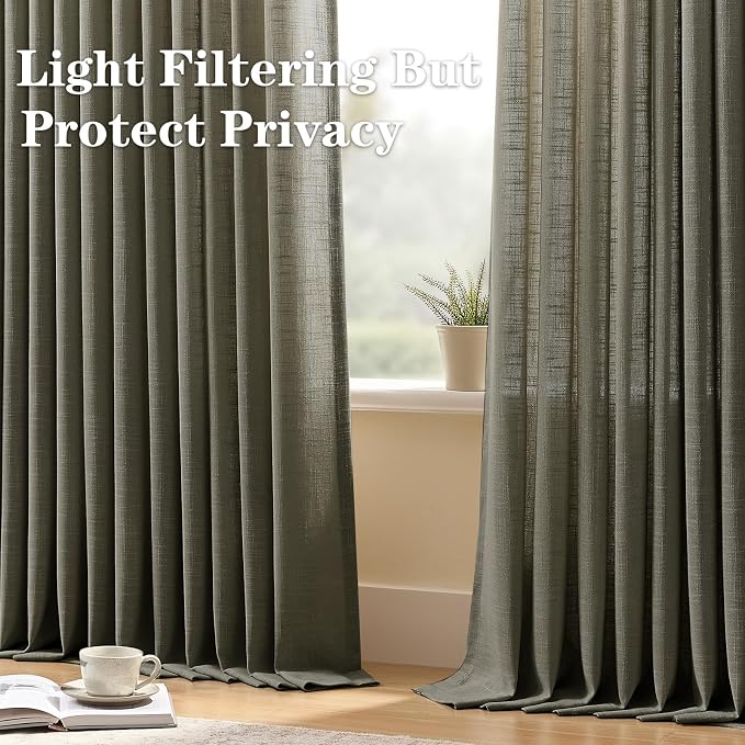 90 Inch Curtains Pinch Pleated Linen Curtain for Living Room, Dark Grey Floor to Ceiling Light Filtering Pleat Drapes Textured Thick Semi-Sheer Curtains with Hooks for Bedroom Study Room, 2 Panels