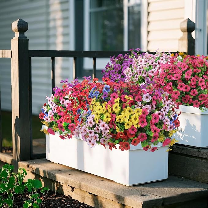 Ouddy Decor 12 Bundles Artificial Flowers for Outdoors Fake Silk Flowers UV Resistant Faux Plastic Plants for Spring Summer Garden Porch Window Box Table Vase Home Indoor Outdoor Decoration, Rose Red