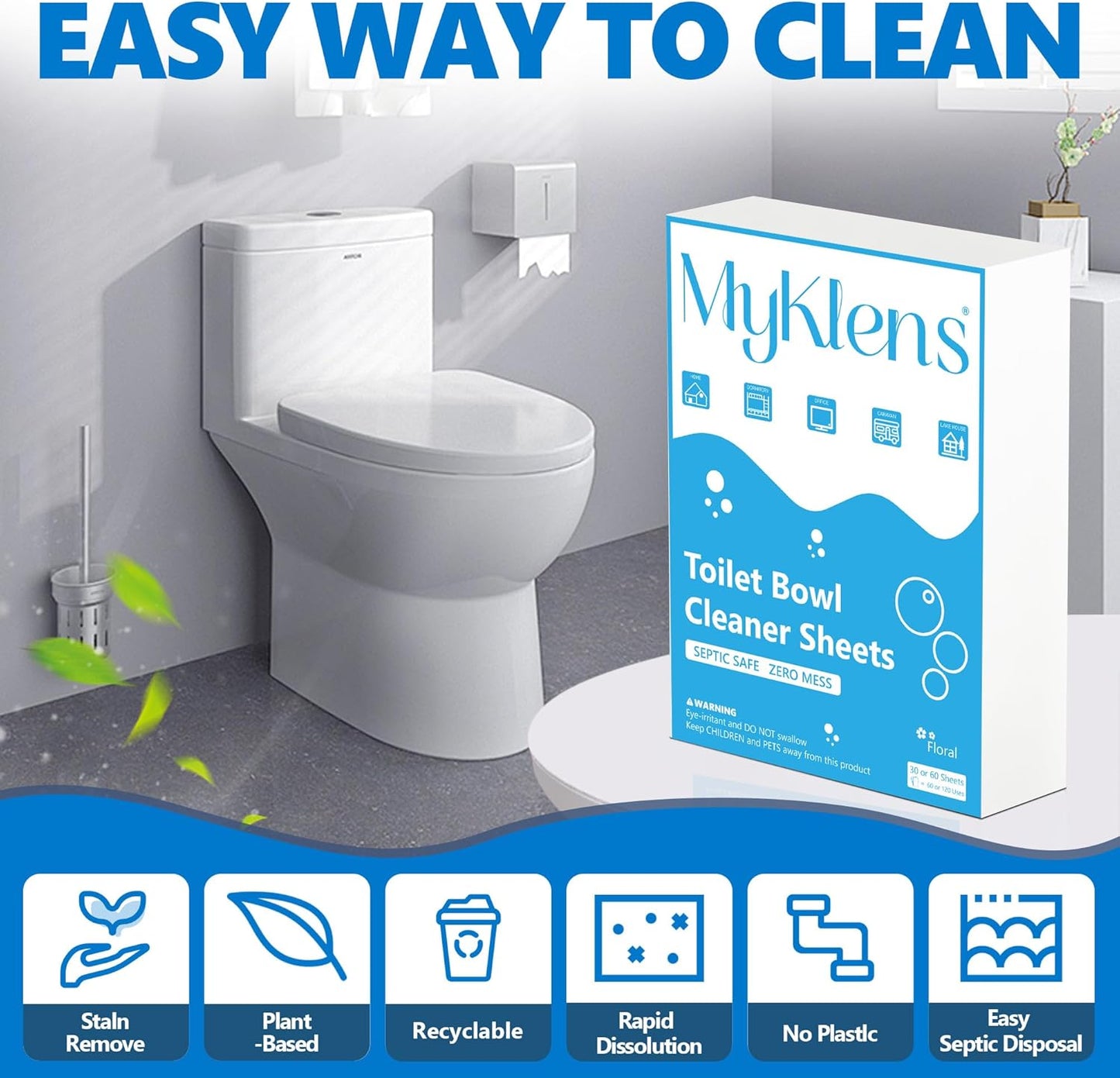 Toilet Bowl Cleaner Sheets, Natural Toilet Bowl Cleaner Strips, Eco-Friendly, Removes Stains & Odors, Non Toxic, Plastic Free, Septic Safe, Ideal Toilet Bowl Cleaner, 120 Uses