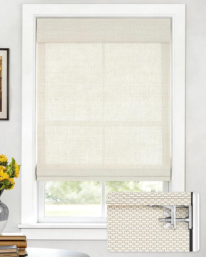 LazBlinds No Drill Cordless Bamboo Roman Shades, Light Filtering Blinds for Indoor Windows, Roll Up Bamboo Blinds for Home, 28" W x 64" H, Star-Off White