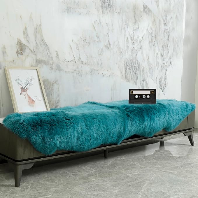 Genuine Sheepskin Rug New Zealand Fluffy Lambskin Rug, Natural Luxury Sheepskin Throw for Bedroom Living Room Children's Room - Premium Area Rug Chair Cover (2×6 Feet, Dark Teal Blue)