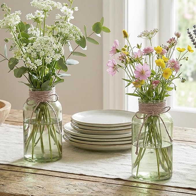Vintage Glass Flower Vase, Farmhouse Glass Centerpiece Vases Mason Jars for Weddings, Parties & Home Decor Bulk (6,Green)