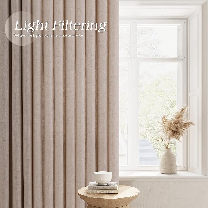 Nanspring Oatmeal Linen Curtains 90 Inches Long for Living Room Grommet Semi Sheer Light Filterinig Bedroom Window Curtain Panels Neutral Tone Modern Minimalist Room Cozy Decor 52x90,2 Panels Sets