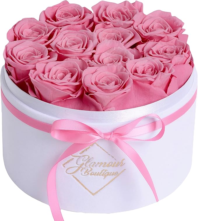 GLAMOUR BOUTIQUE Flower Forever Gift Box, 12 Real Preserved Roses in Round Velvet White Box, Handmade Floral Gift with Rose Petals for Birthday, Anniversary or Graduation, Pink (Color-Treated)