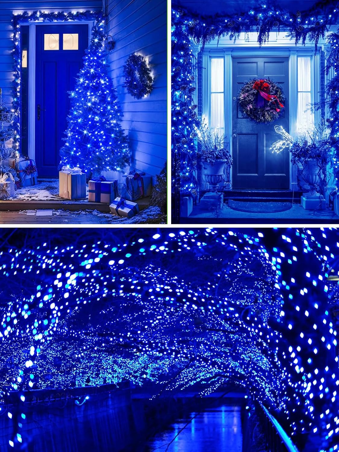 Solar Christmas Lights Outdoor Decorations Waterproof, Tatal 4 Pack 400LED 132FT Blue Solar String Lights Green Wire with 8 Modes, Christmas Fairy Light for Xmas Tree Party Wedding Yard Garden Decor