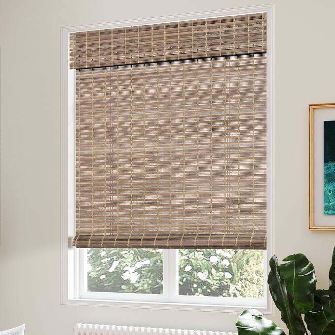 AGESISI Bamboo Roman Shades with Valance Cover, Cordless Blinds for Indoor Windows, Light Filtering Woven Wood Shades for Home & Patio, Privacy Protection, 28" W x 64" H, Grey