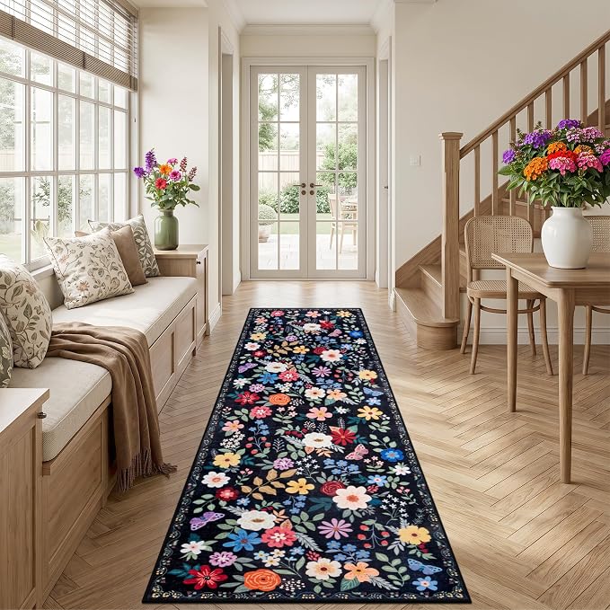 Runner Rug for Entryway: 3x10 Kitchen Rugs Non Slip Washable Ultra-Thin Soft Floral Carpet Indoor Floor Stain Resistant Carpets for Hallway Bedroom Kitchen Laundry Bathroom Dorm Black