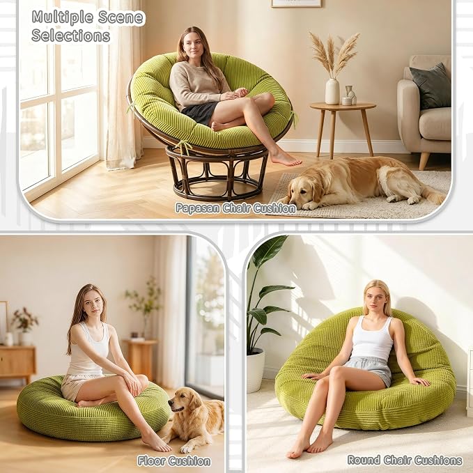 Papasan Breathable Round Chair Cushion (Without Chair) with Detachable Corduroy Cover,48 x 48 x 6 Inch Oversized Round Chair Pad Supportive Cushion, Overstuffed Chair Cushion,Memory Foam Filling,Sage