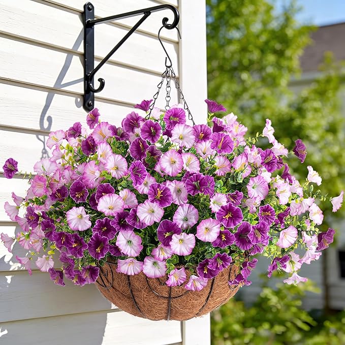 Artificial Fake Hanging Flowers with Basket for Outdoors, Faux Petunias Flowers Fake Hanging Plants with Eucalyptus Realistic UV Resistant for Patio Garden Porch Balcony Yard Decor(Double Purple)