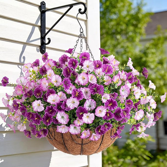 Artificial Fake Hanging Flowers with Basket for Outdoors, Faux Petunias Flowers Fake Hanging Plants with Eucalyptus Realistic UV Resistant for Patio Garden Porch Balcony Yard Decor(Double Purple)