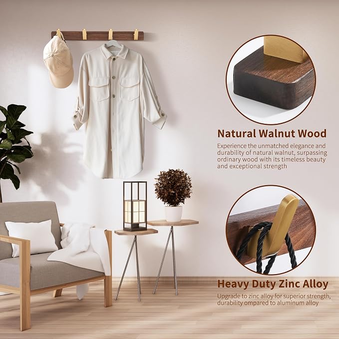 Wall Mounted Coat Rack, Entryway Hanging Coat Rack, Metal Wood Coat Rail with 4 Rustic Hooks Rail for Coat, Scarf, Bag, Towel, Key, Cap, Hat, Walnut Gold Matt