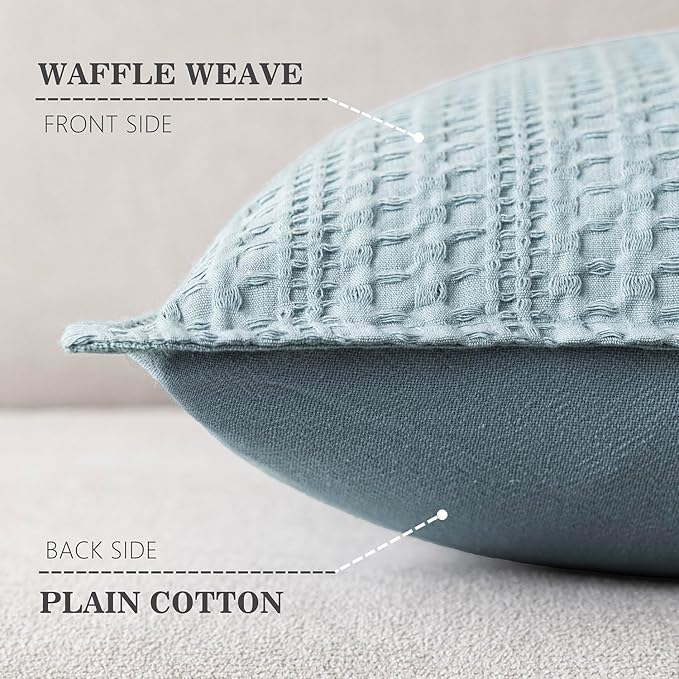 Foindtower Set of 2 Decorative Cotton Waffle Weave Throw Pillow Covers Euro Shams Cushion Covers Accent European Pillowcase for Bed Couch Sofa Bedroom Living Room Home Decor 24×24 Inch Light Blue